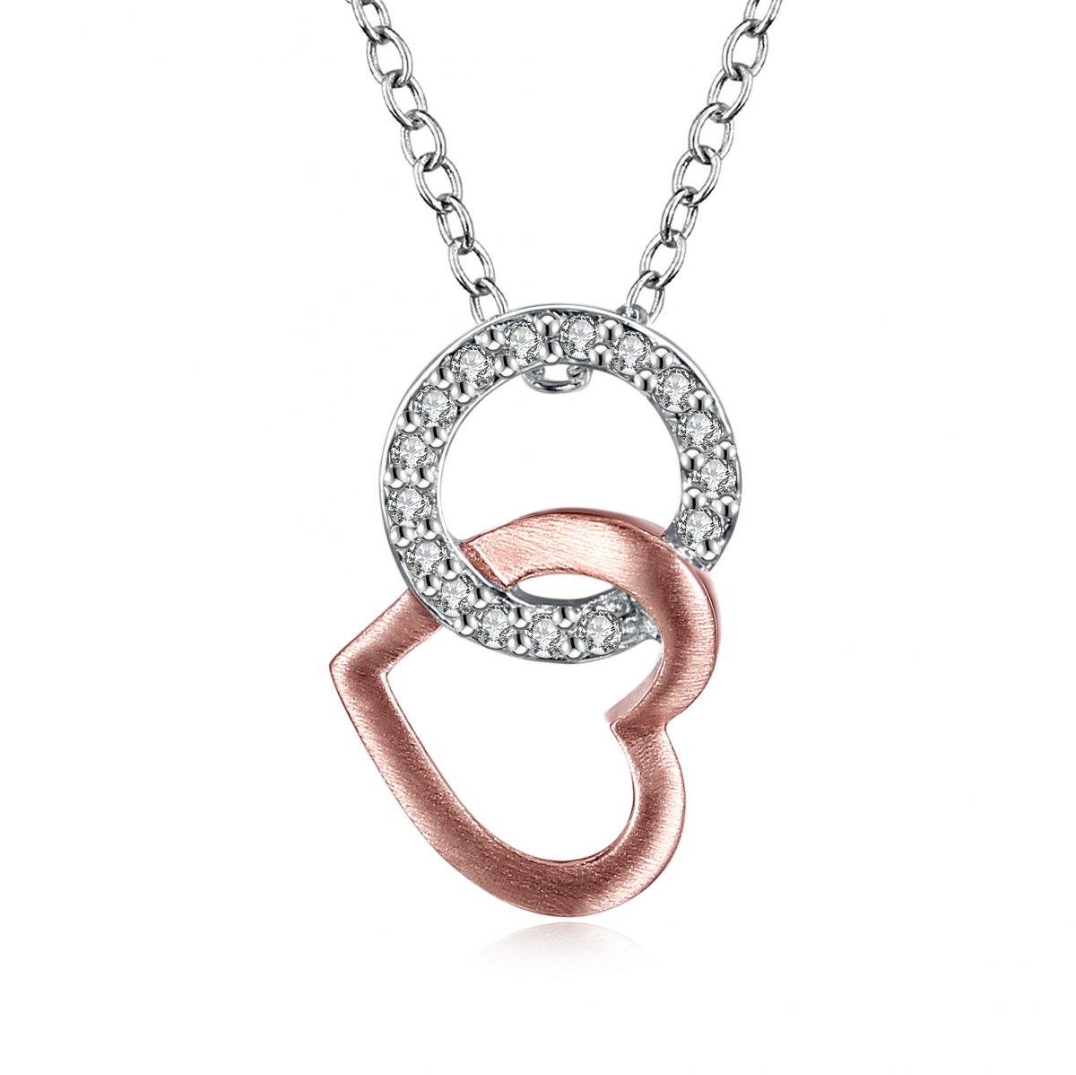 Two Tone Interlocking Circle Heart Necklace - Silver & Rose Gold